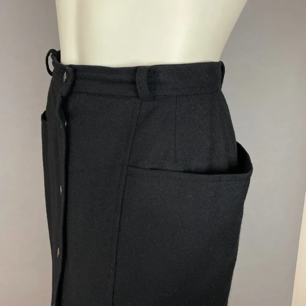 Vintage Henri Luc‎ Chapuis H-L Wool Skirt Pleated Black Lined Wide Pockets Snaps